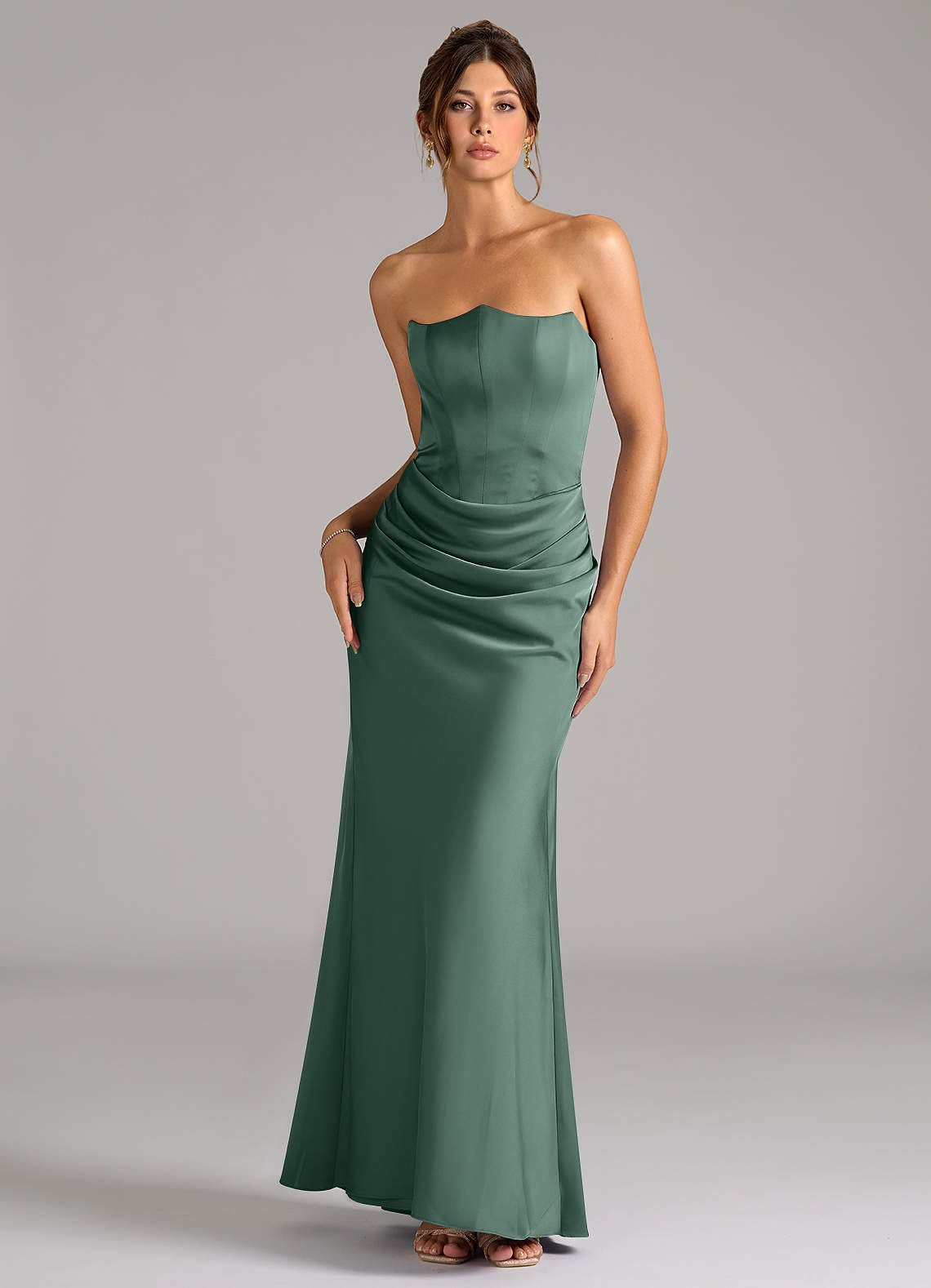 Debby Mermaid Strapless Stretch Satin Bridesmaid Dress in Eucalyptus