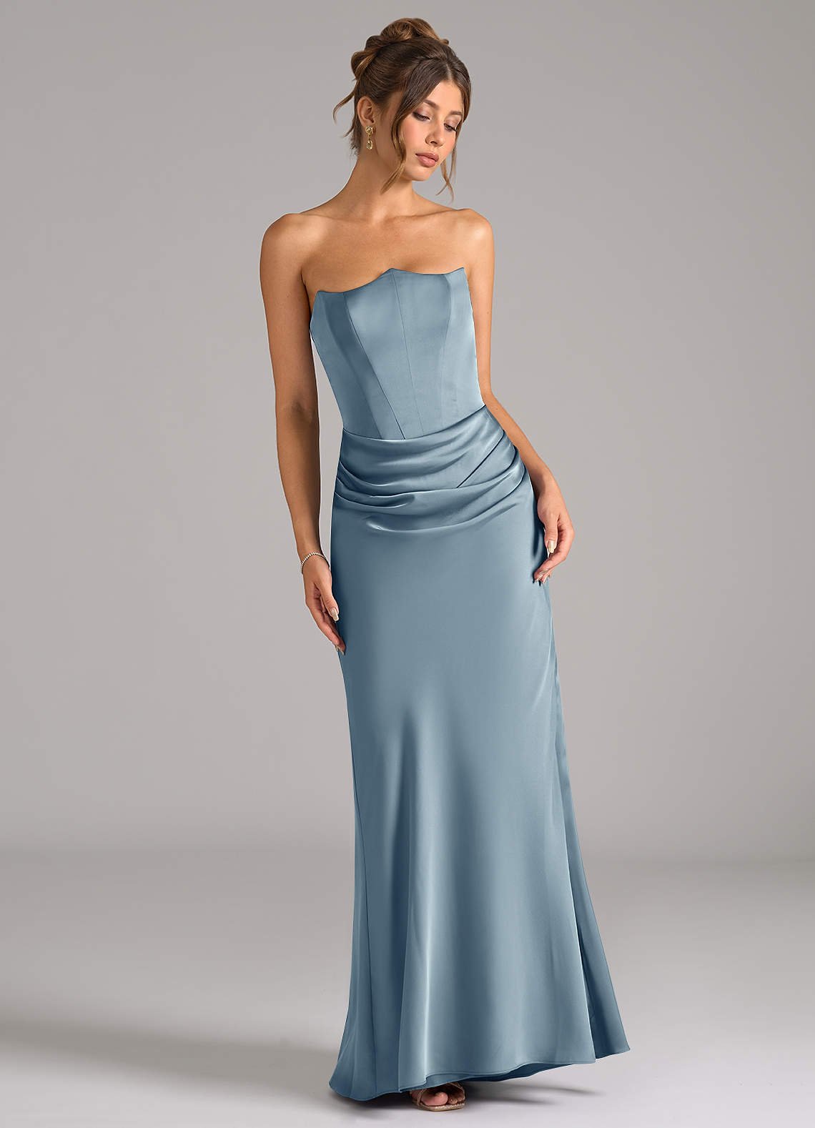 Debby Mermaid Strapless Stretch Satin Bridesmaid Dress in dusty blue