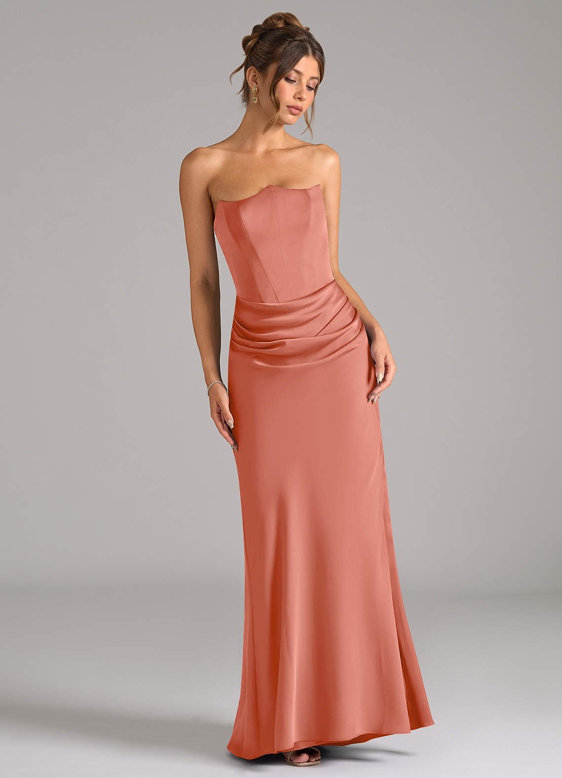 Debby Mermaid Strapless Stretch Satin Bridesmaid Dress in Salmon Pink