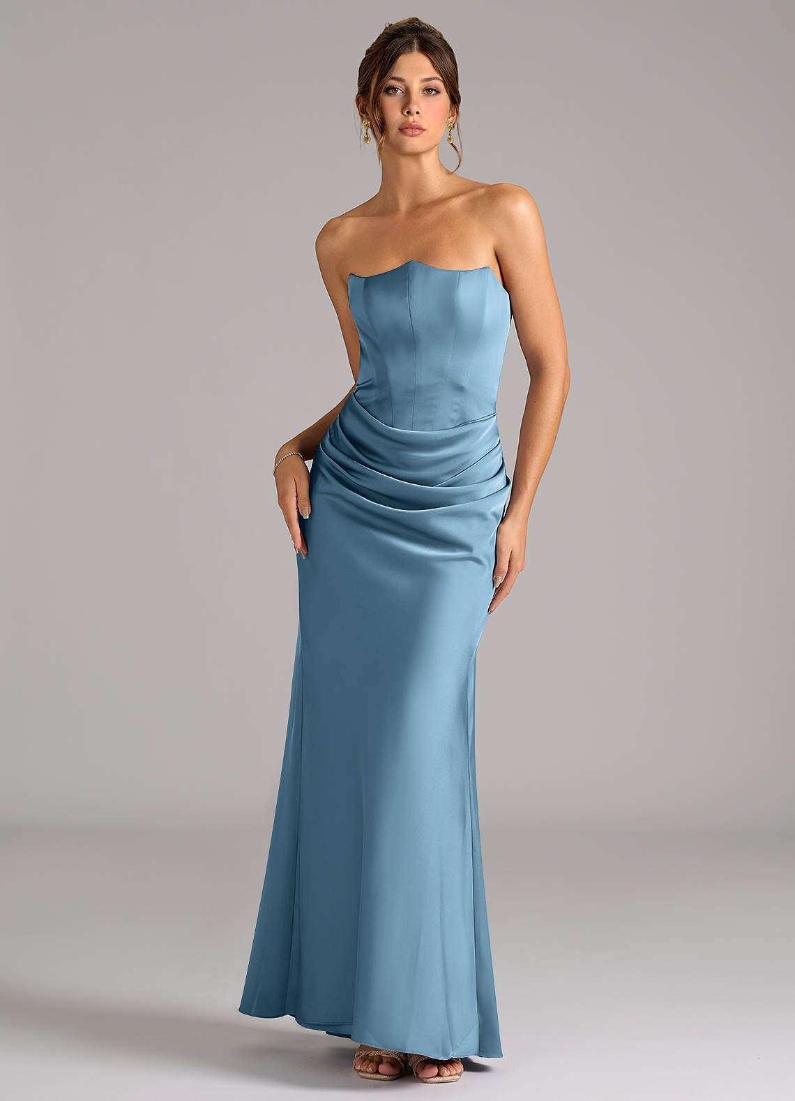 Debby Mermaid Strapless Stretch Satin Bridesmaid Dress in Steel Blue