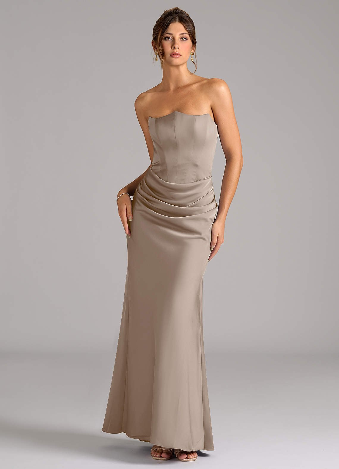 Debby Mermaid Strapless Stretch Satin Bridesmaid Dress in Taupe