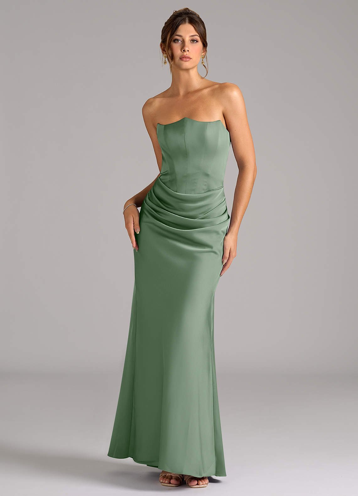 Debby Mermaid Strapless Stretch Satin Bridesmaid Dress in Matcha