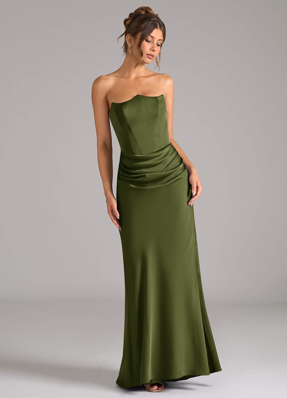 Debby Mermaid Strapless Stretch Satin Bridesmaid Dress in Olive