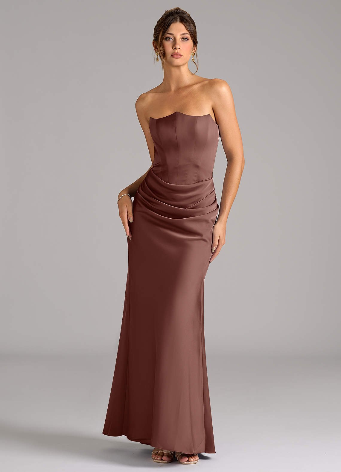 Debby Mermaid Strapless Stretch Satin Bridesmaid Dress in Espresso