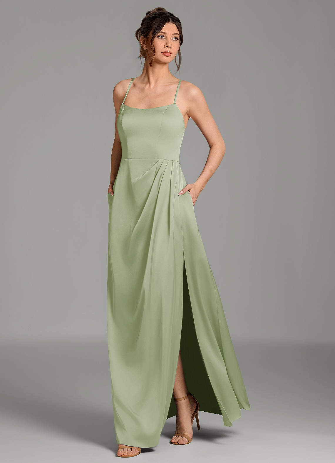 Frankie A-Line Scoop-Neck Stretch Satin Bridesmaid Dress in Dusty Sage