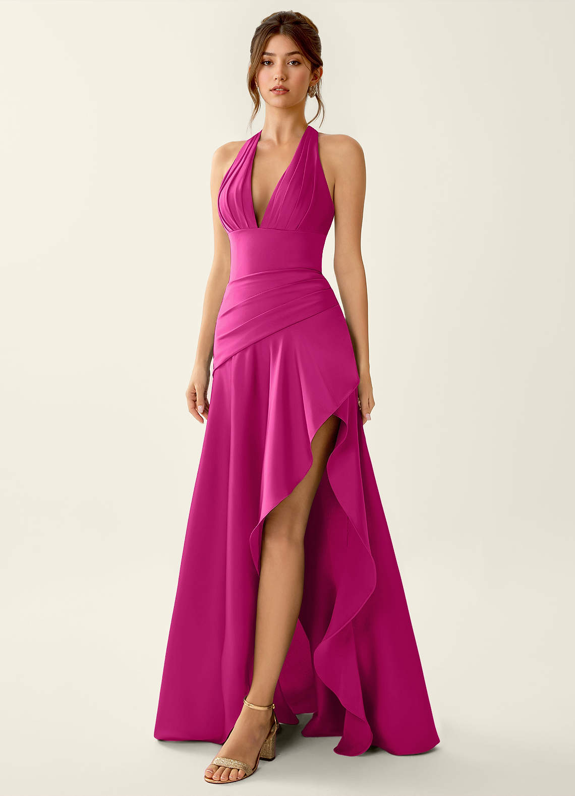 Titania Halter Asymmetric-Ruffle Satin Evening Dress in Pastel Yellow