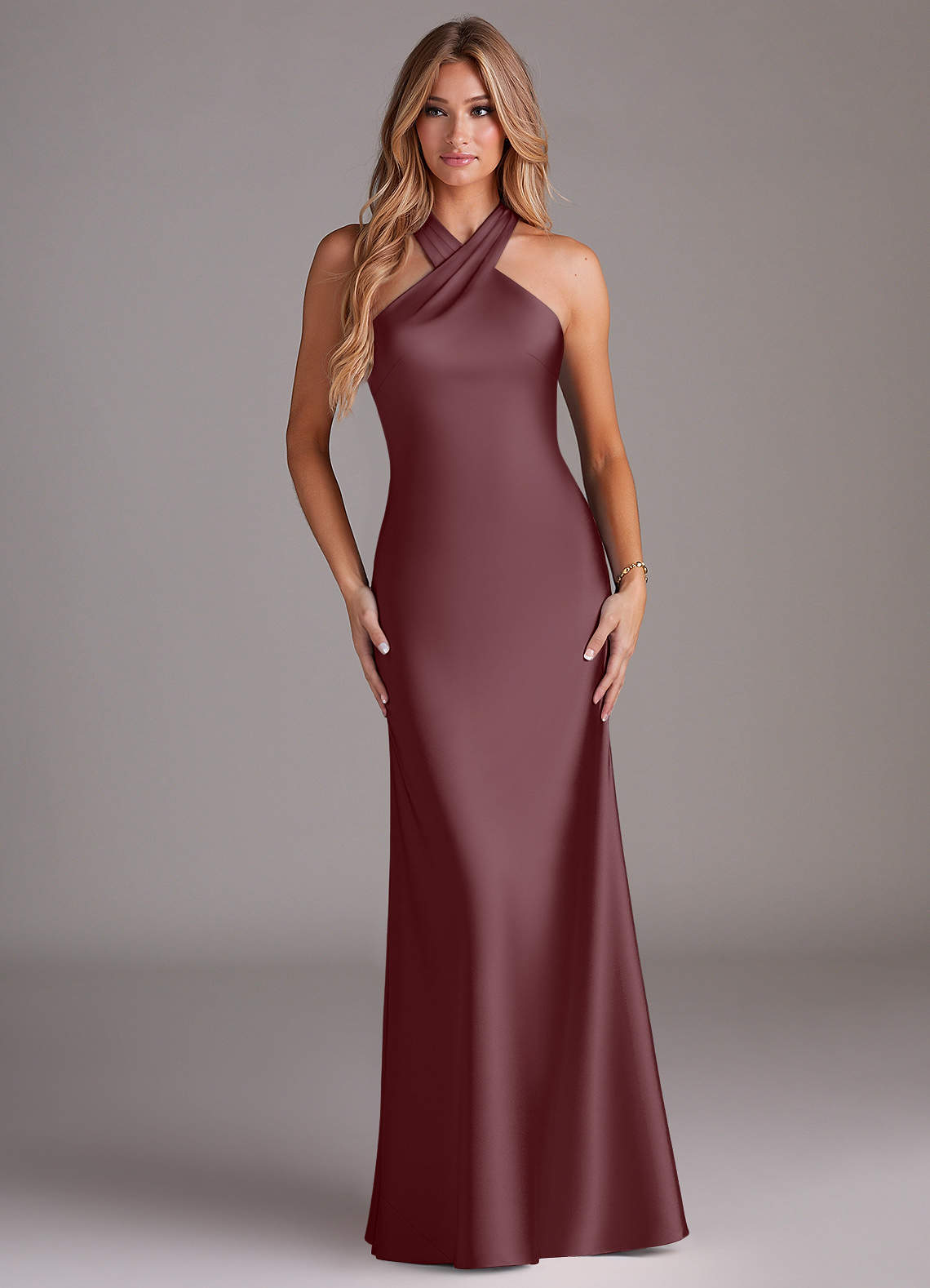 Doretta Mermaid Halter Stretch Satin Bridesmaid Dress in Sangria