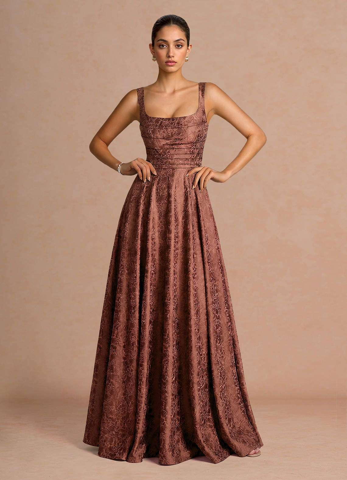 Elowena A-Line Square-Neck Satin Jacquard Evening Dress in Sky Blue