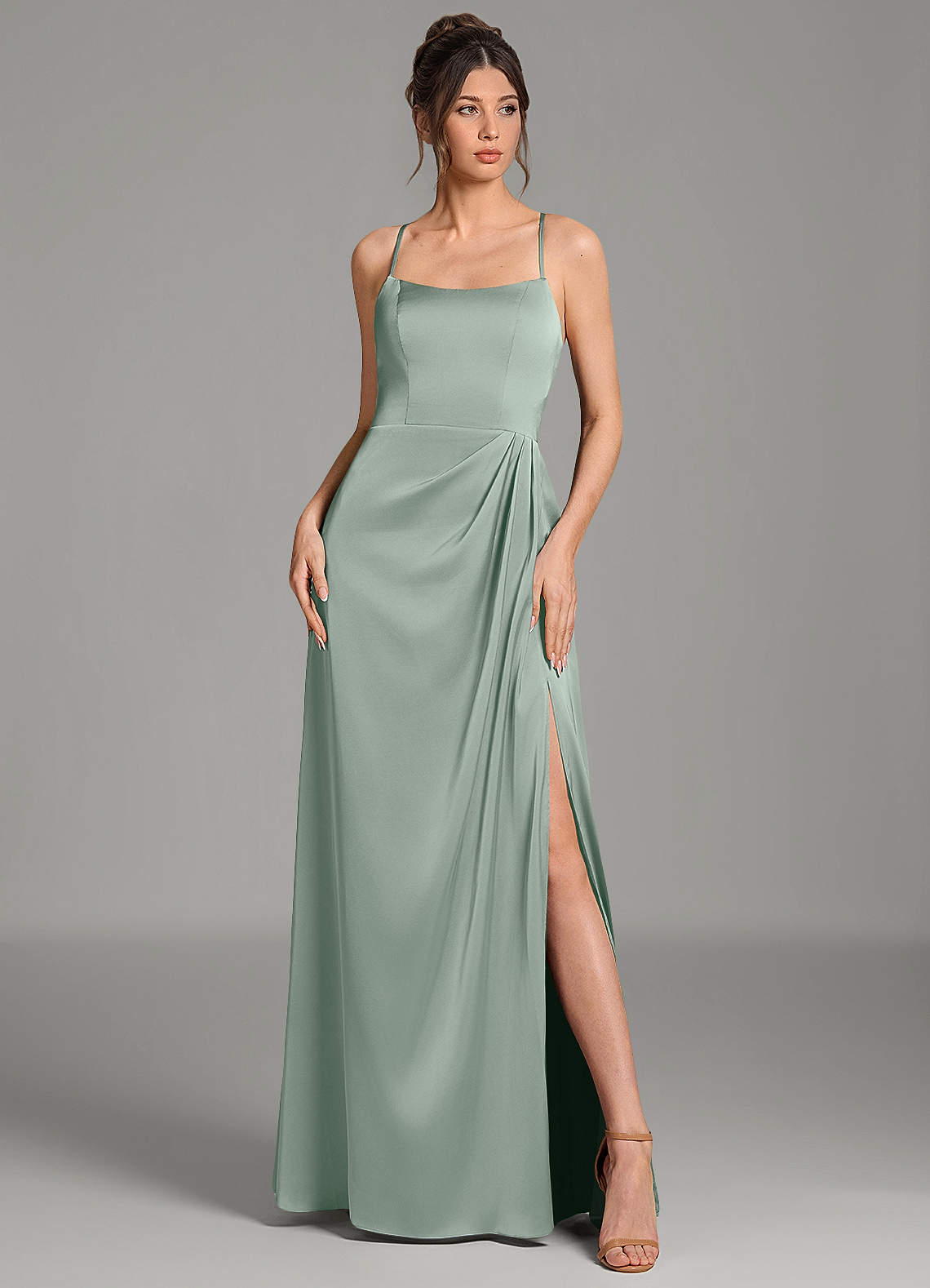 Frankie A-Line Scoop-Neck Stretch Satin Bridesmaid Dress in Agave