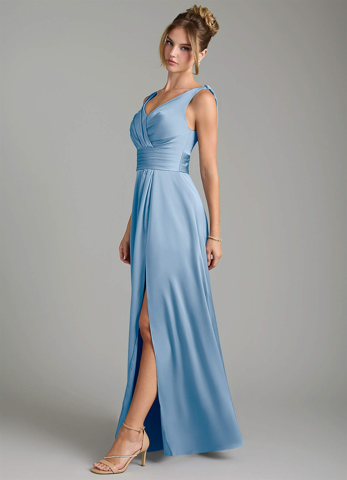 Karina A-Line V-Neck Stretch Satin Bridesmaid Dress in Powder Blue