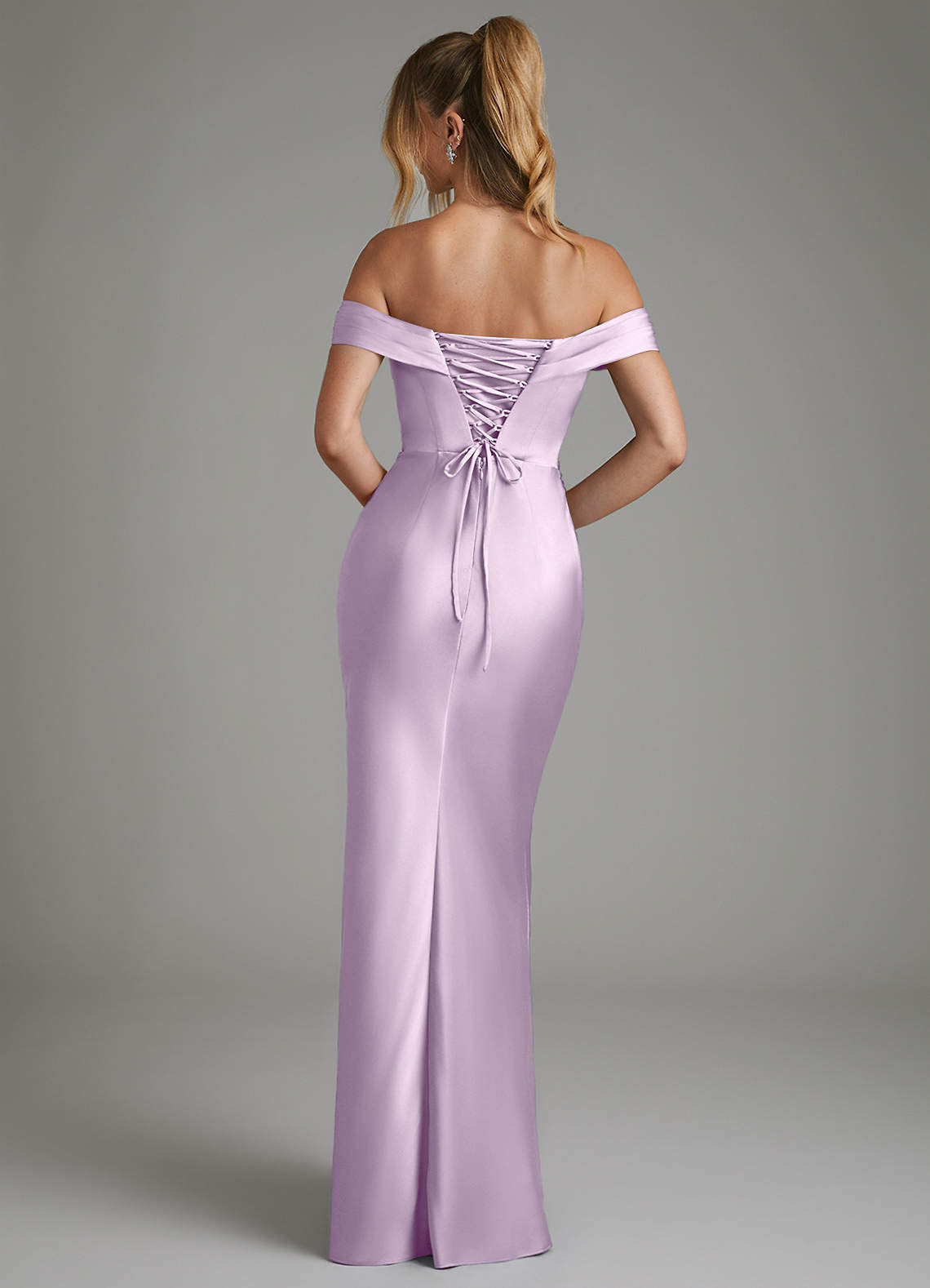Hayden Mermaid Off-the-Shoulder Stretch Satin Bridesmaid Dress in Frosted Lilac