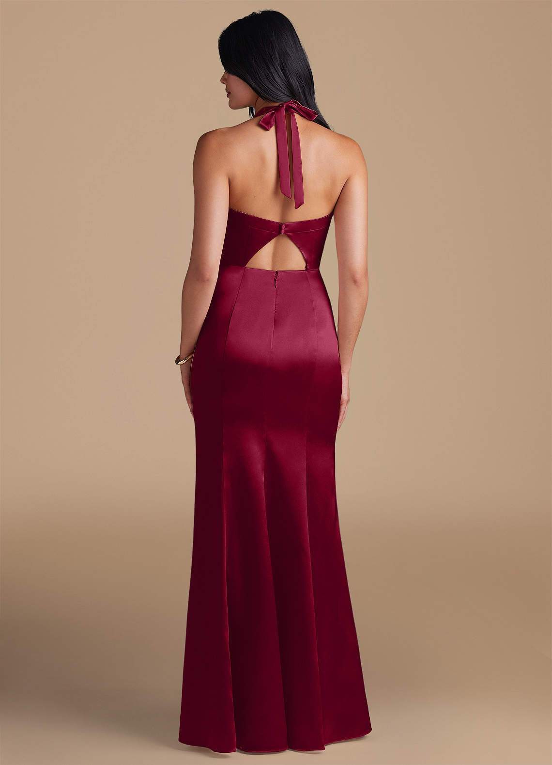 Emeria Sheath Halter Metallic Satin Bridesmaid Dress in Burgundy