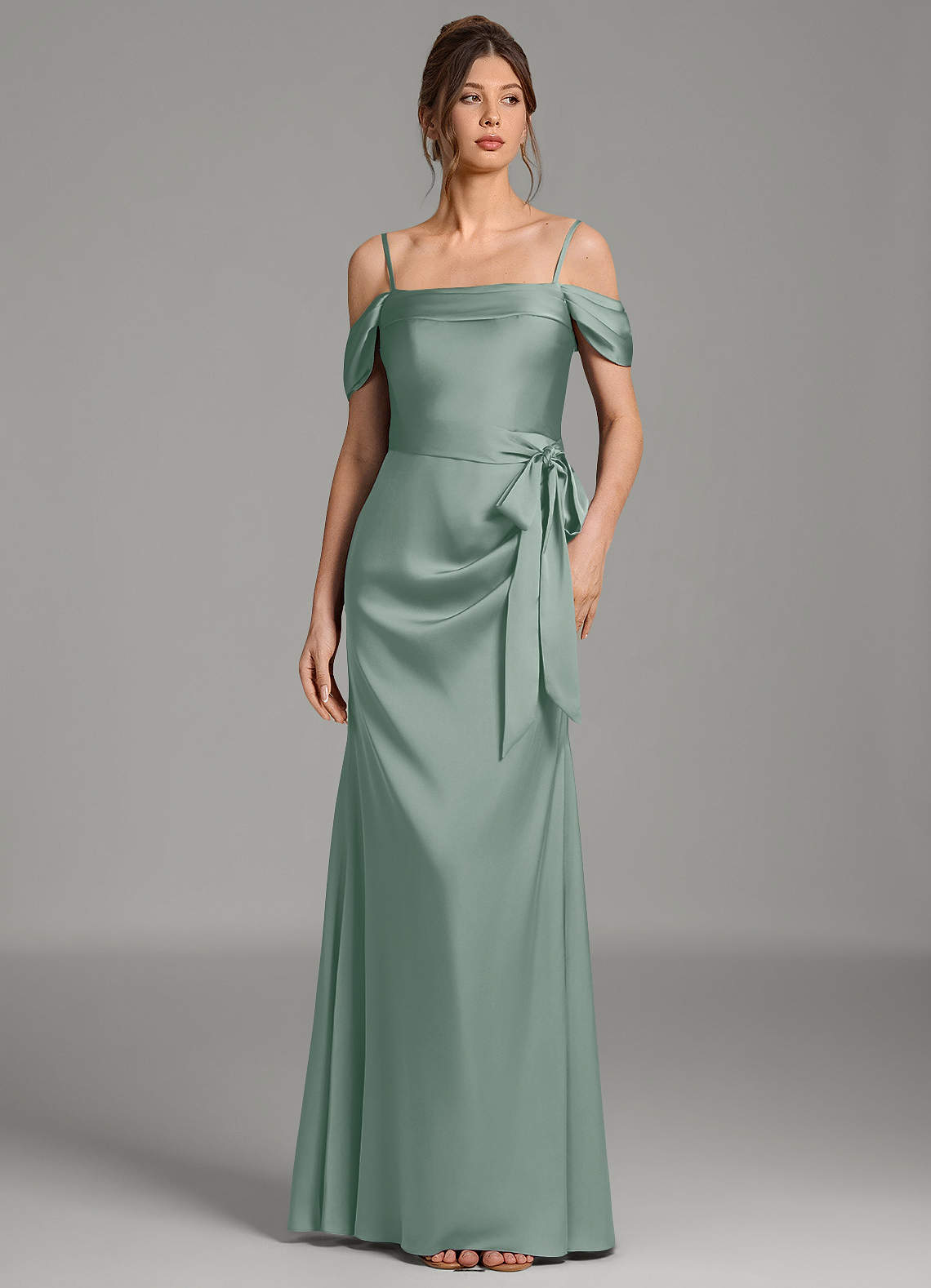 Wyatt Mermaid Off-the-Shoulder Stretch Satin Bridesmaid Dress in Silver Sage
