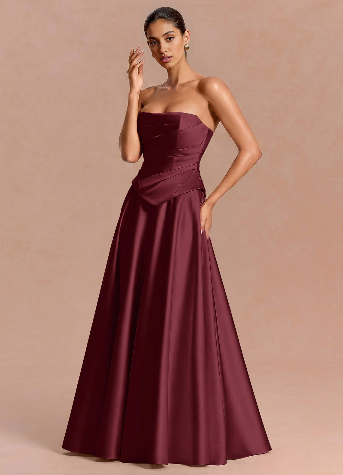 Eponine A-Line Pleated Stretch Satin Evening Dress in Wine