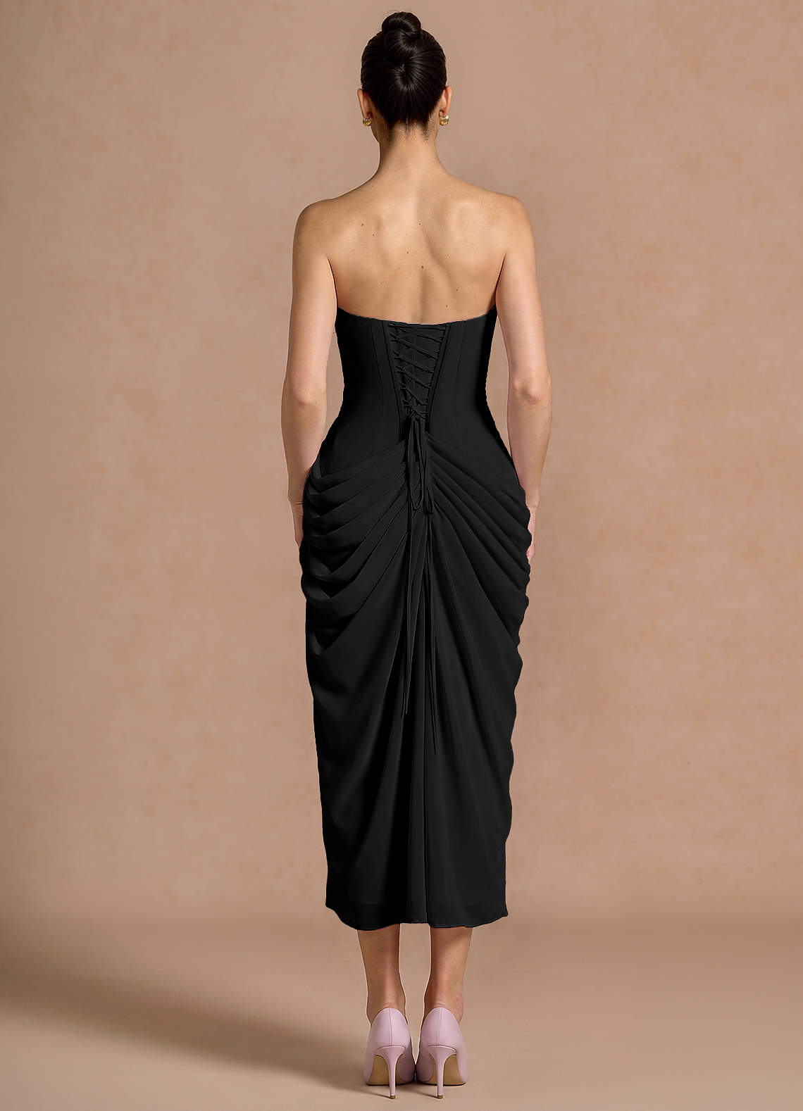 Kaavia Column Pleated Chiffon Midi Evening Dress in black
