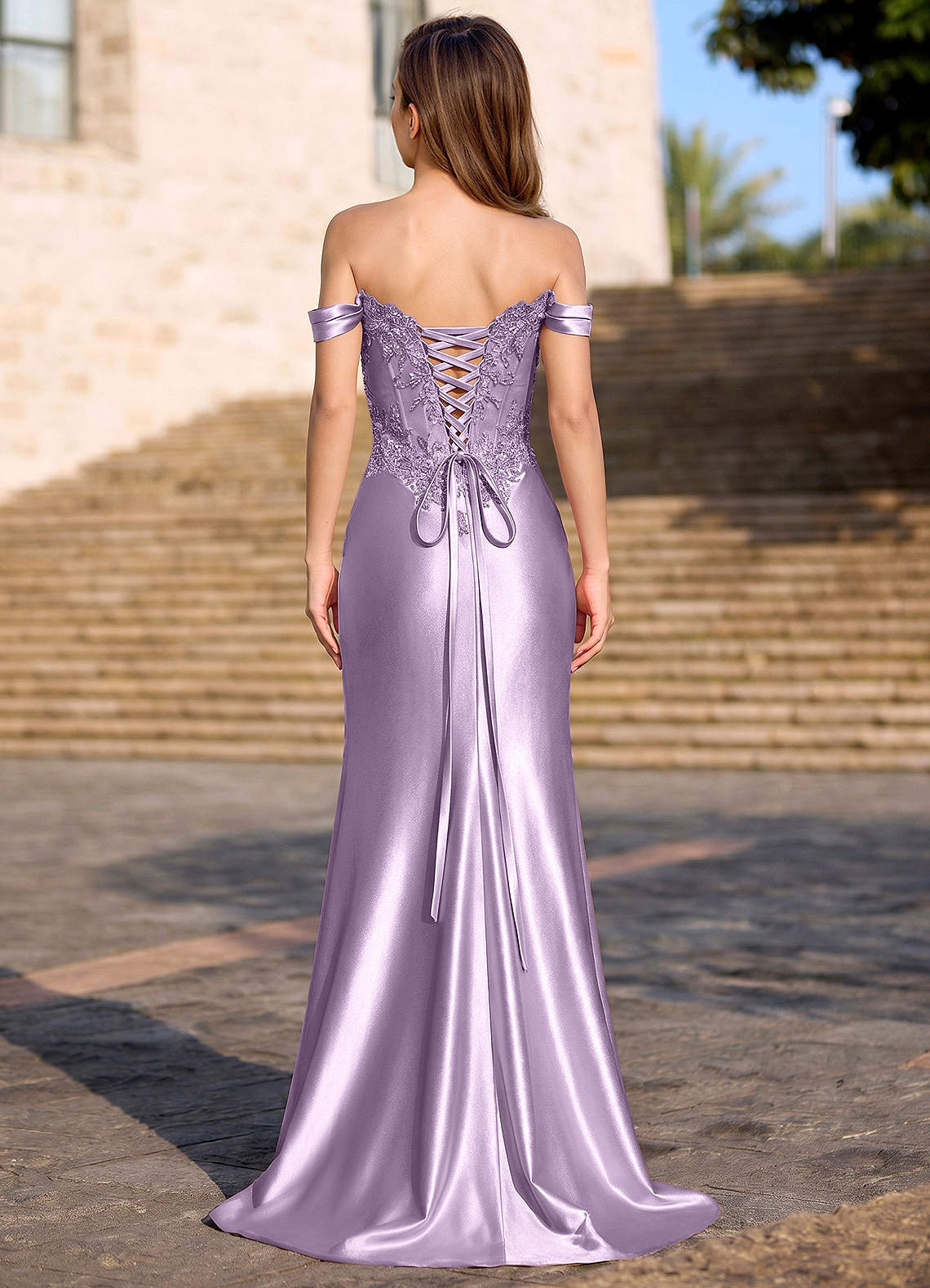 Deliacor Mermaid Off-the-Shoulder Satin Prom Dress in Lilac