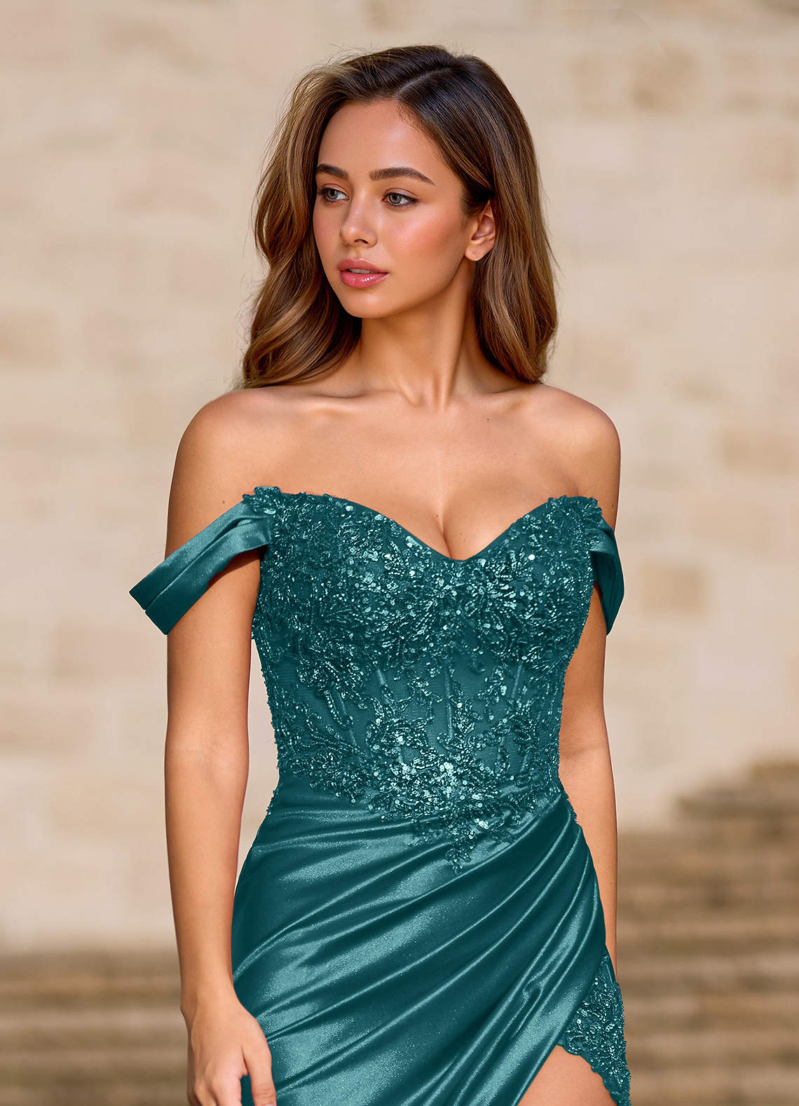Deliacor Mermaid Off-the-Shoulder Satin Prom Dress in Peacock Blue