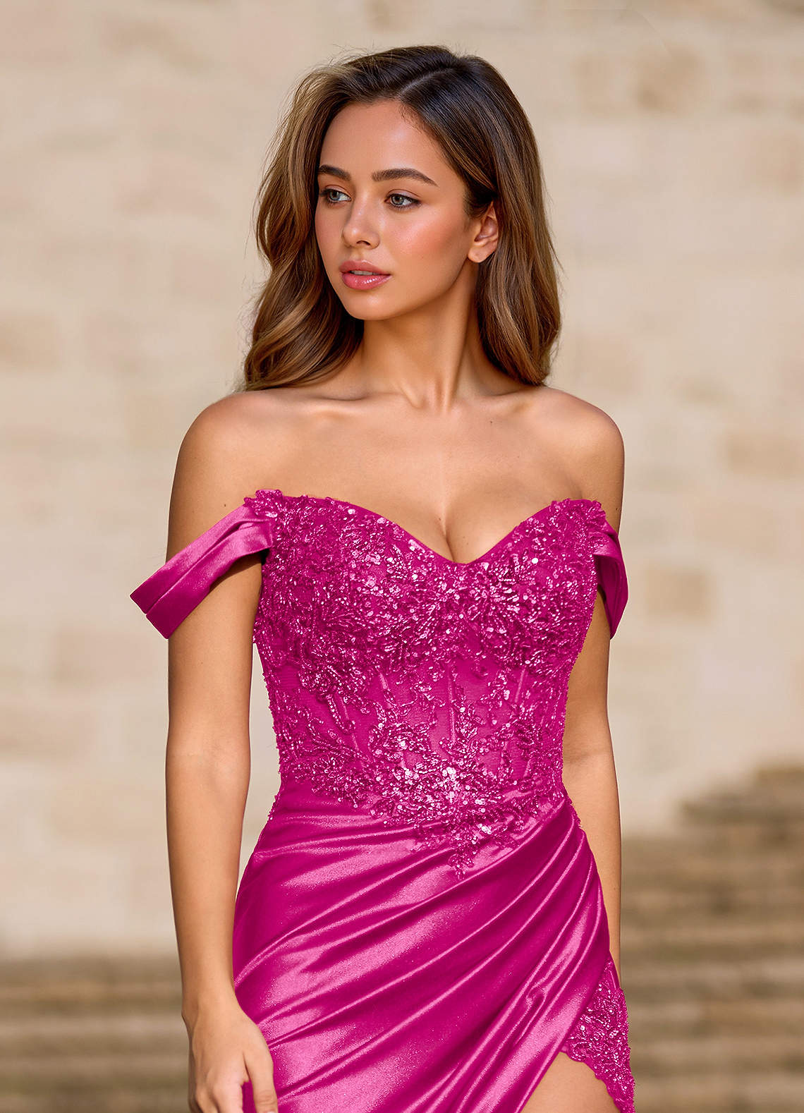 Deliacor Mermaid Off-the-Shoulder Satin Prom Dress in Magenta
