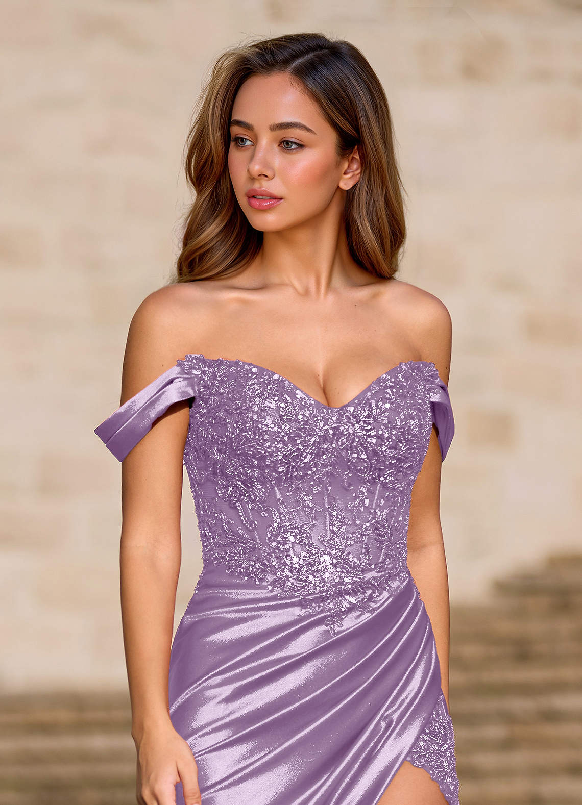 Deliacor Mermaid Off-the-Shoulder Satin Prom Dress in Lilac