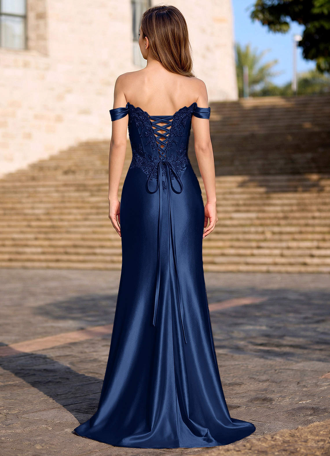 Deliacor Mermaid Off-the-Shoulder Satin Prom Dress in Neptune