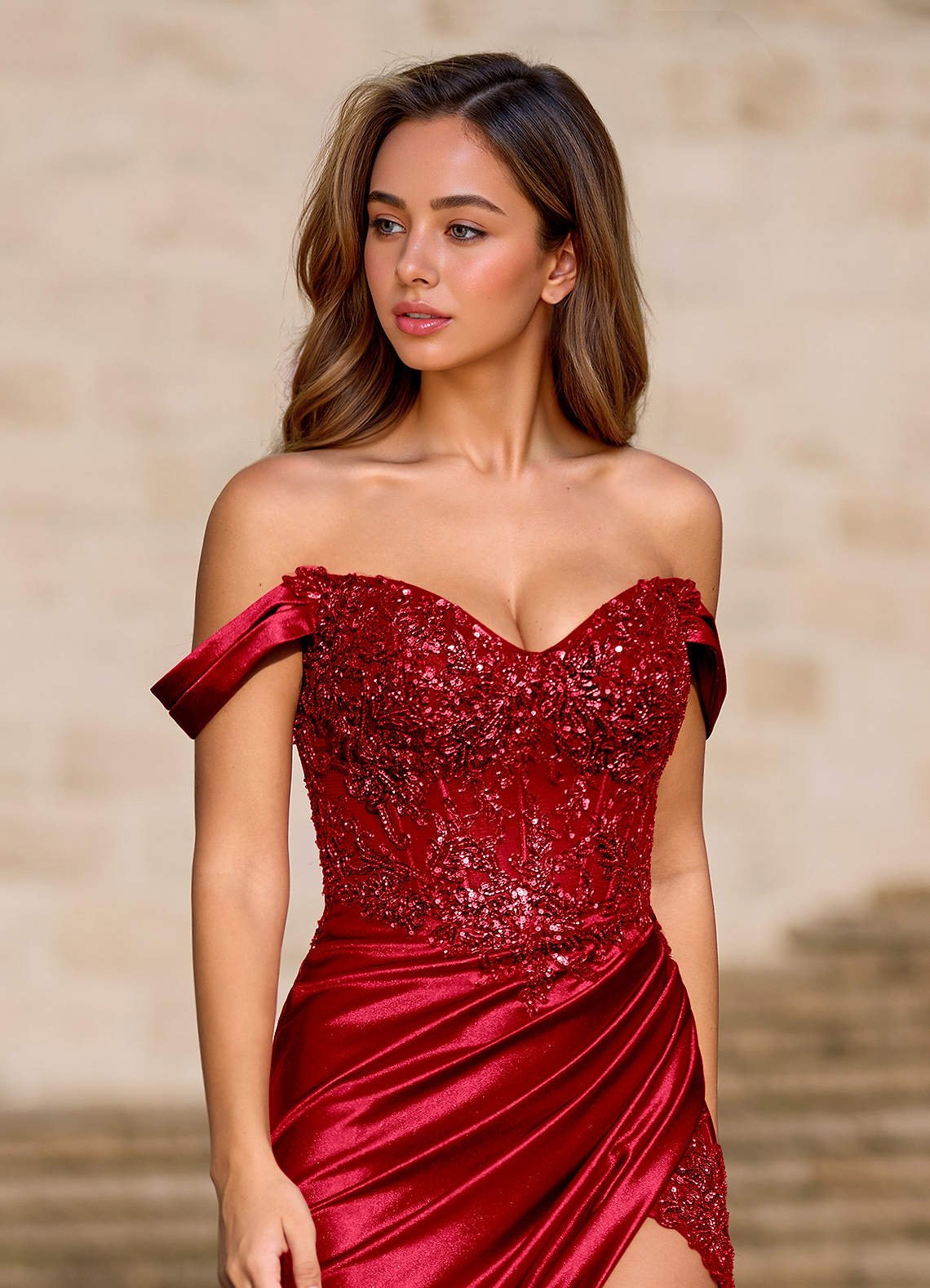 Deliacor Mermaid Off-the-Shoulder Satin Prom Dress in Red