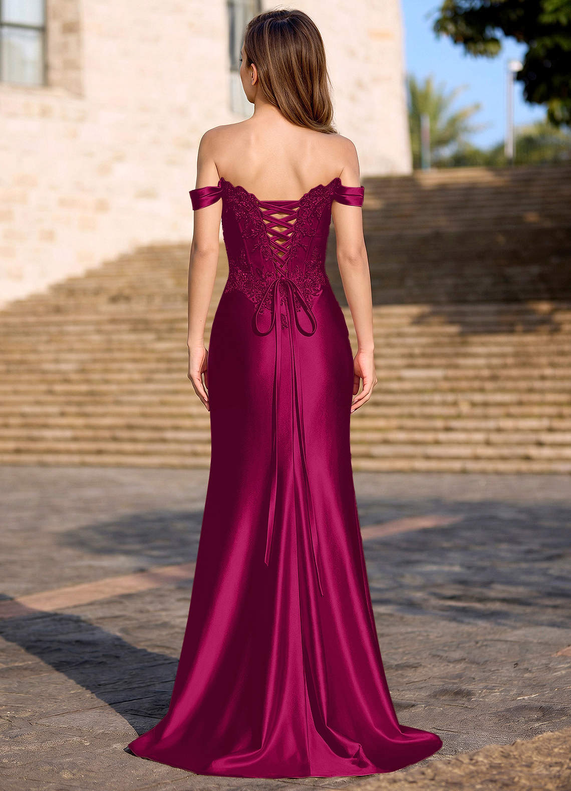 Deliacor Mermaid Off-the-Shoulder Satin Prom Dress in Burgundy