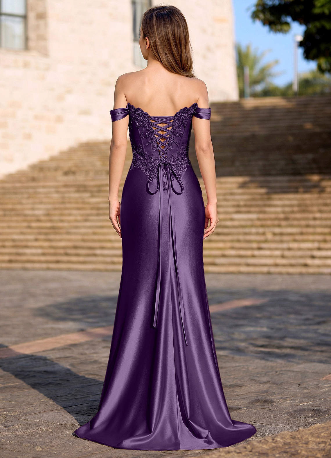 Deliacor Mermaid Off-the-Shoulder Satin Prom Dress in Plum