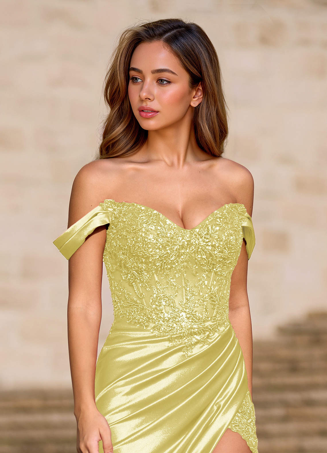 Deliacor Mermaid Off-the-Shoulder Satin Prom Dress in Yellow