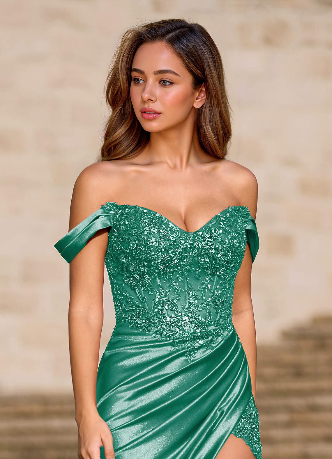 Deliacor Mermaid Off-the-Shoulder Satin Prom Dress in Basil