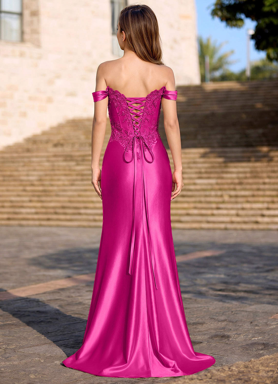 Deliacor Mermaid Off-the-Shoulder Satin Prom Dress in Magenta