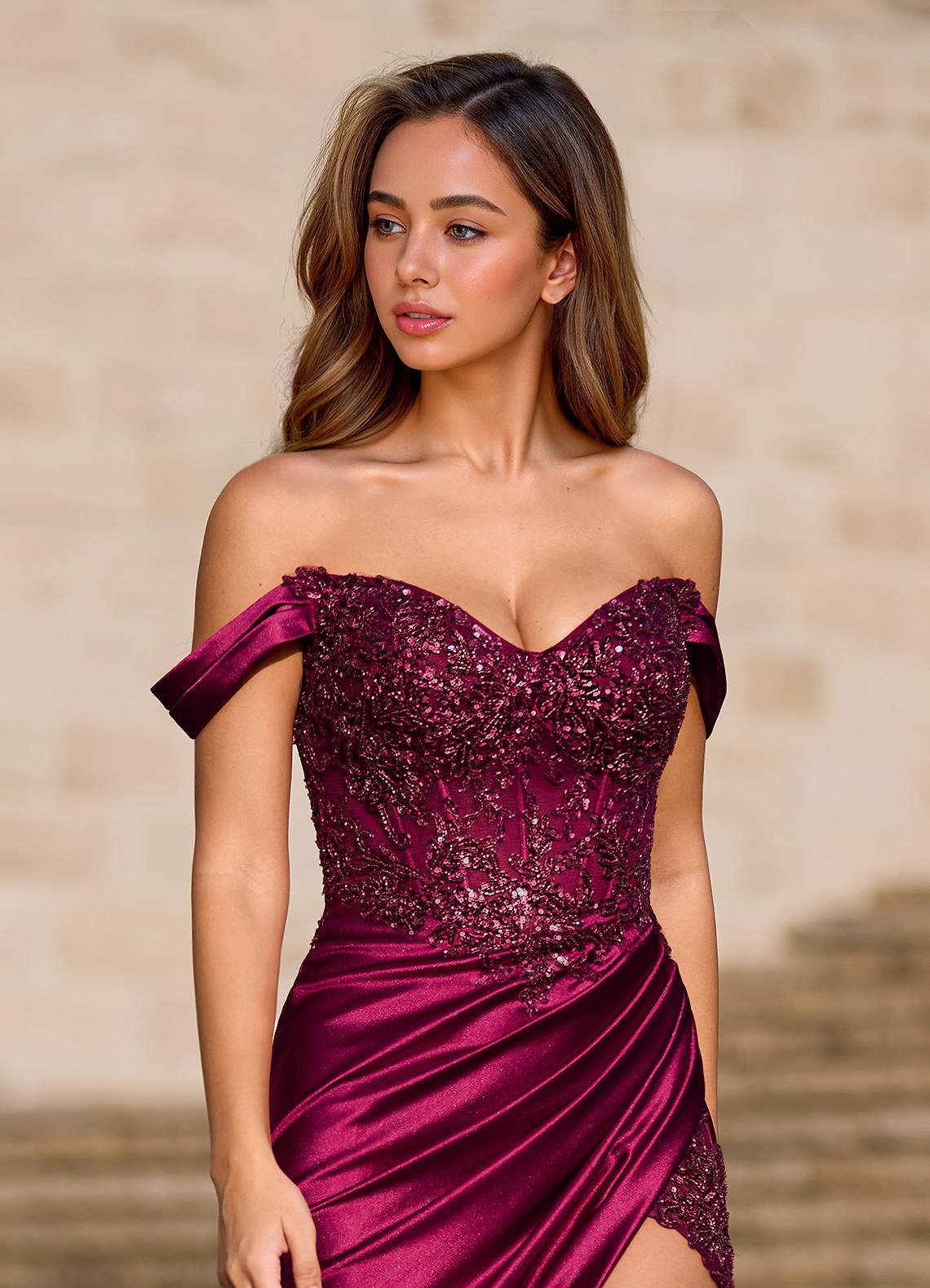 Deliacor Mermaid Off-the-Shoulder Satin Prom Dress in Burgundy
