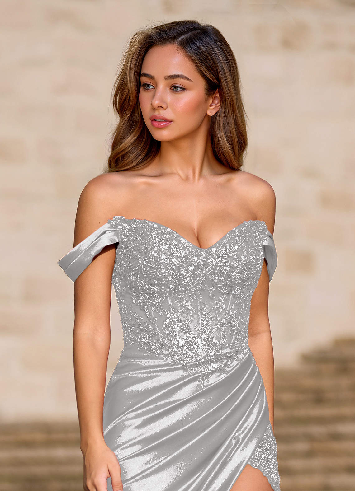 Deliacor Mermaid Off-the-Shoulder Satin Prom Dress in Silver