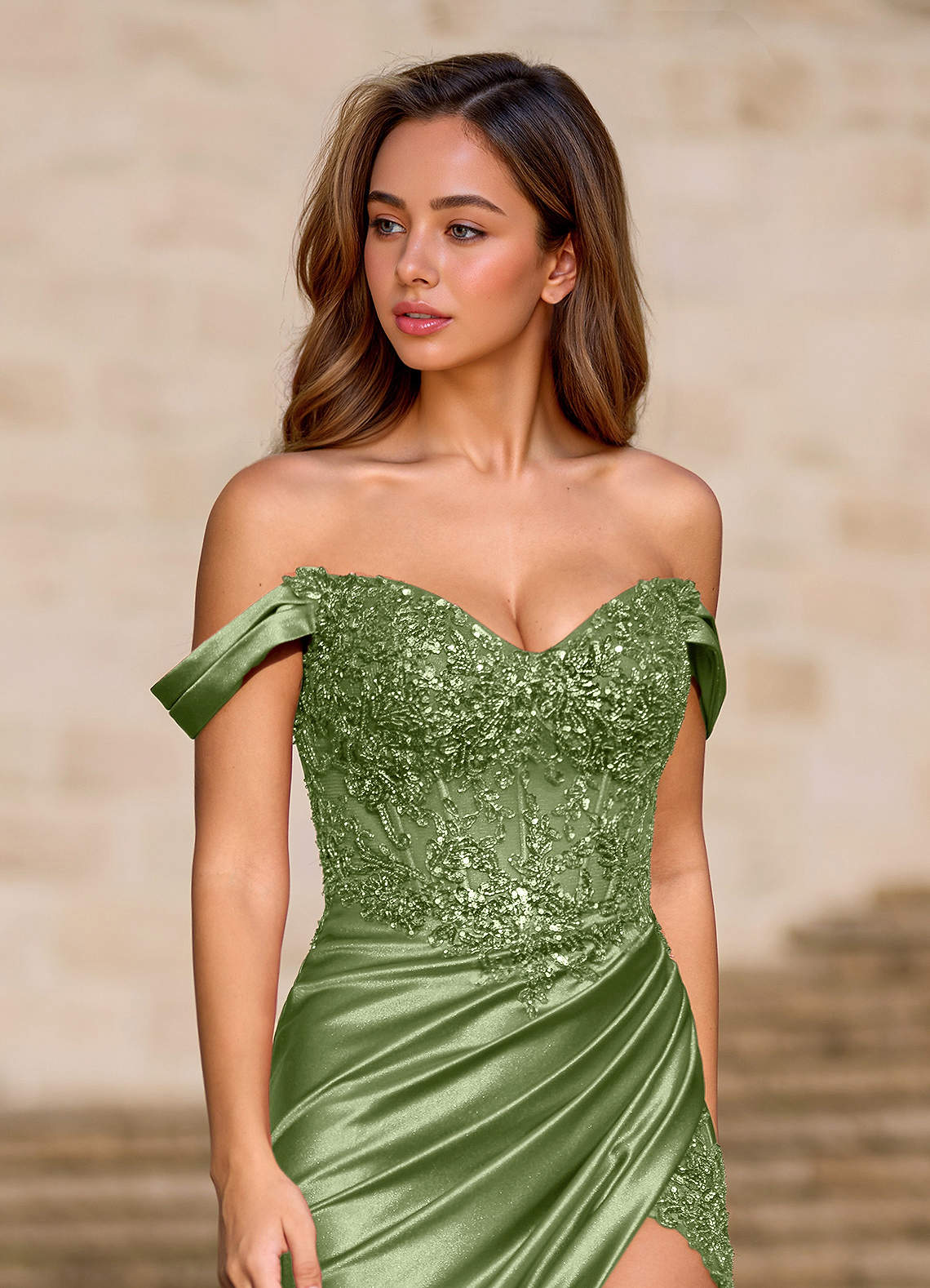 Deliacor Mermaid Off-the-Shoulder Satin Prom Dress in Olive