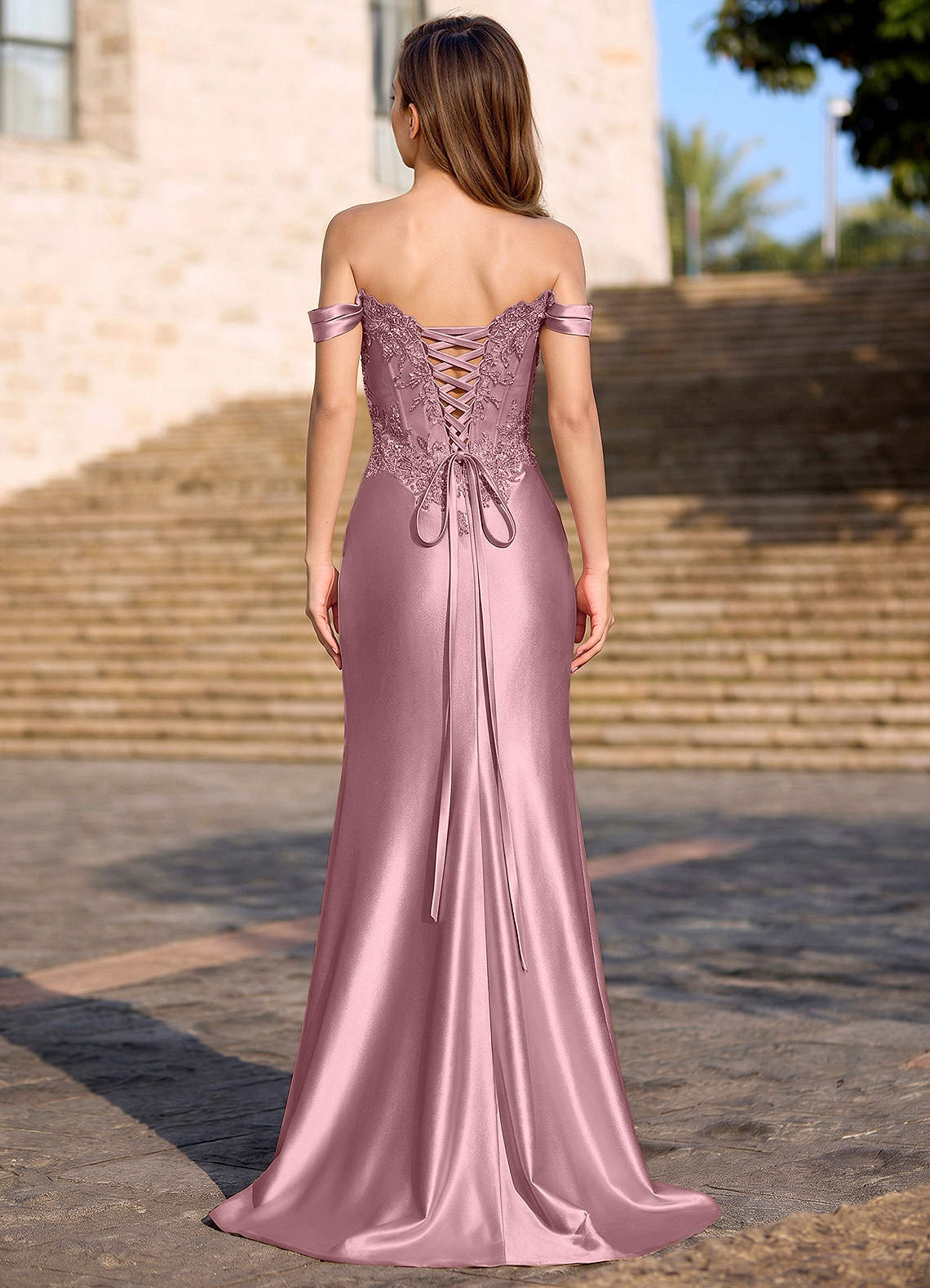 Deliacor Mermaid Off-the-Shoulder Satin Prom Dress in Dusty Pink