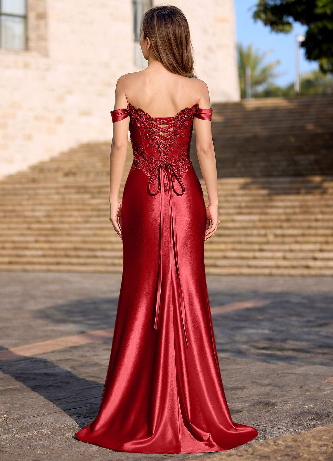 Deliacor Mermaid Off-the-Shoulder Satin Prom Dress in Red