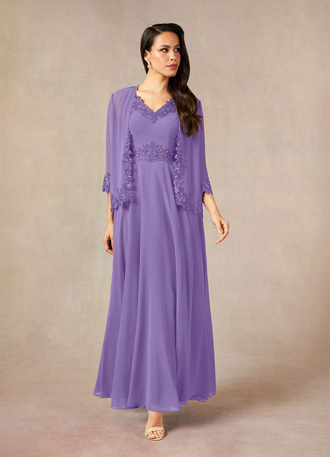 Devana A-Line V-Neck Chiffon and Lace Mother of the Bride Dress in Tahiti