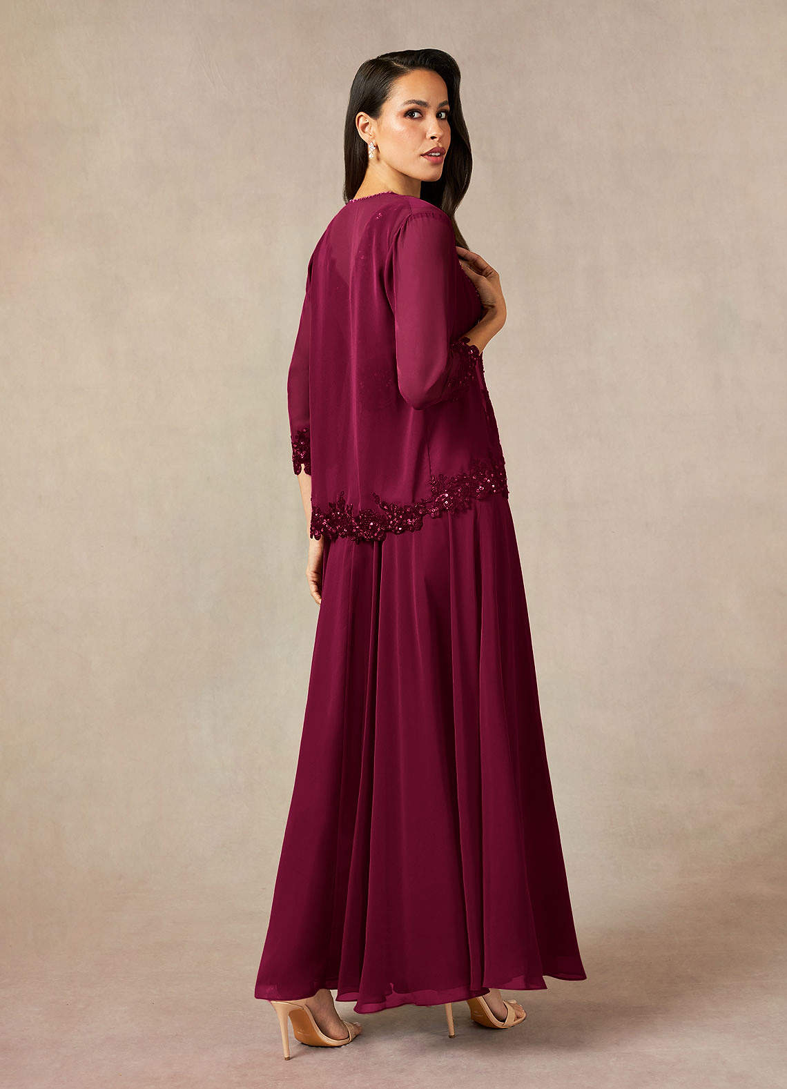 Devana A-Line V-Neck Chiffon and Lace Mother of the Bride Dress in Burgundy