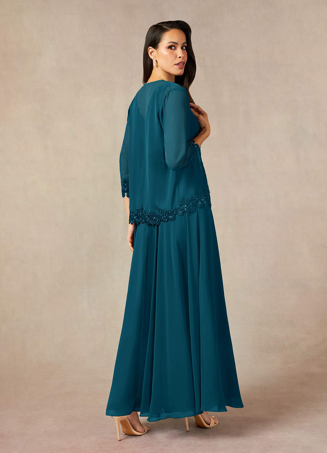 Devana A-Line V-Neck Chiffon and Lace Mother of the Bride Dress in Ink Blue