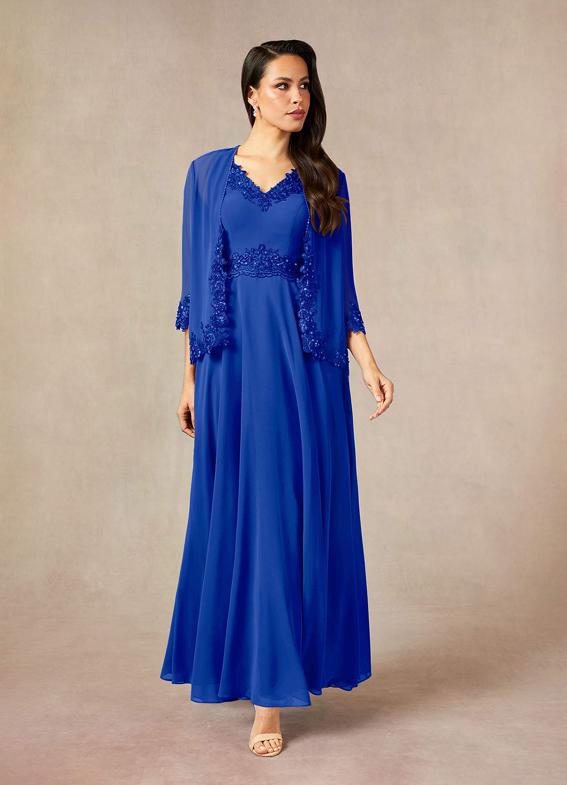 Devana A-Line V-Neck Chiffon and Lace Mother of the Bride Dress in Royal Blue