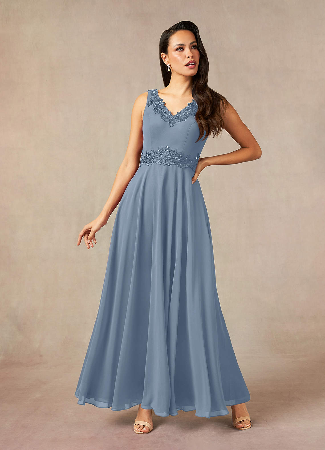 Devana A-Line V-Neck Chiffon and Lace Mother of the Bride Dress in dusty blue