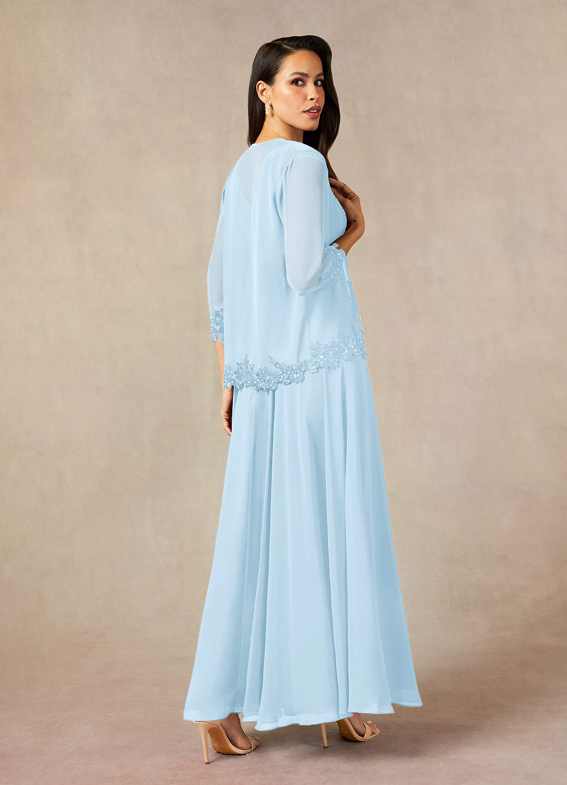 Devana A-Line V-Neck Chiffon and Lace Mother of the Bride Dress in Sky Blue