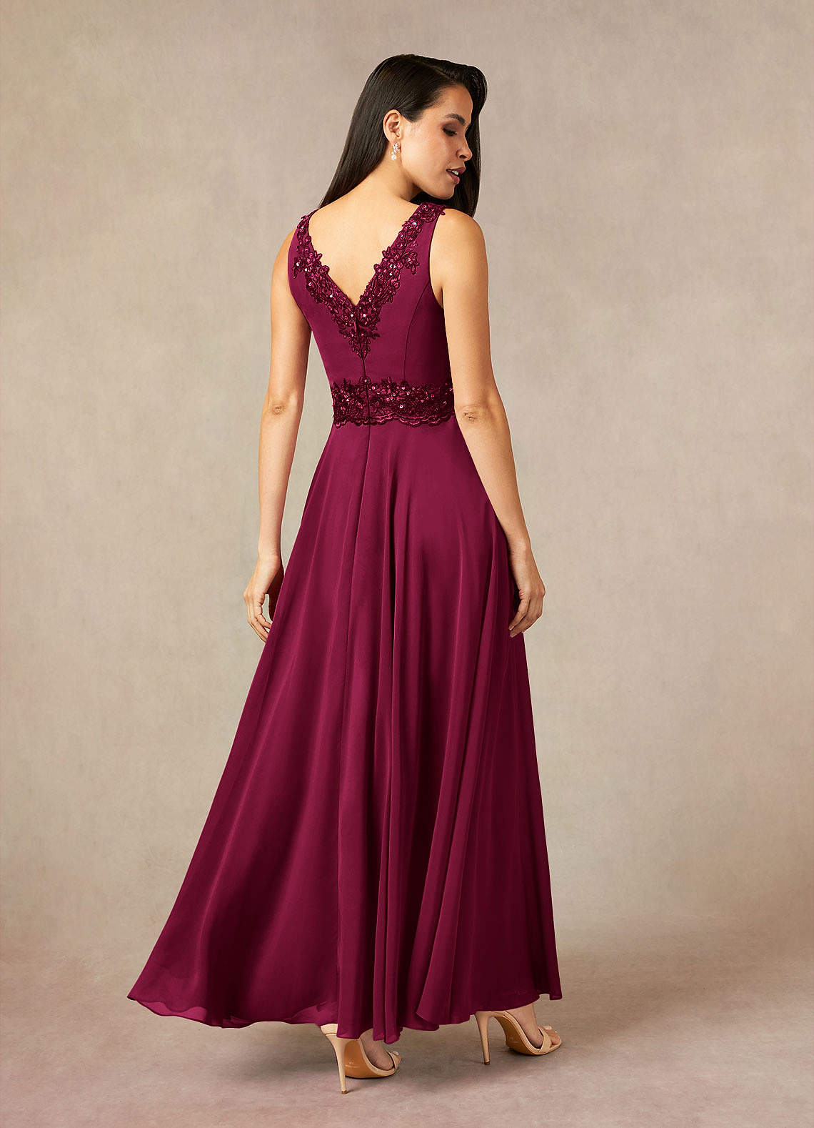 Devana A-Line V-Neck Chiffon and Lace Mother of the Bride Dress in Burgundy