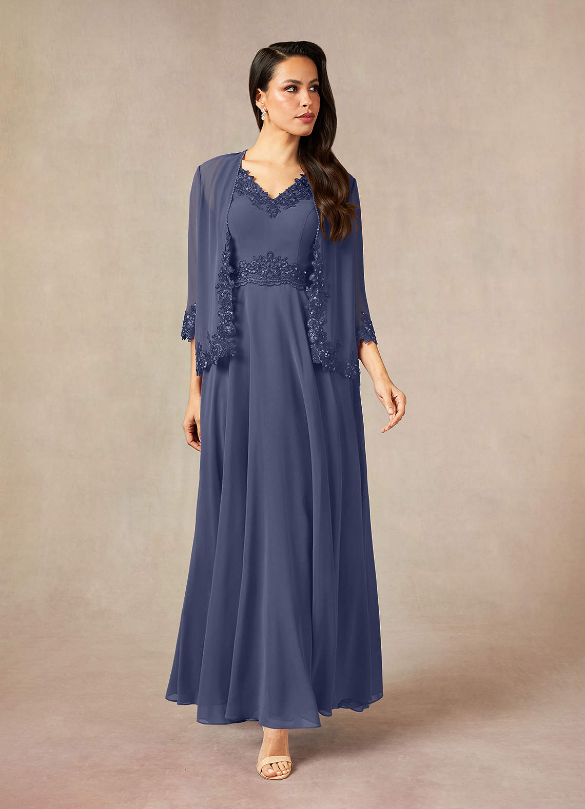 Devana A-Line V-Neck Chiffon and Lace Mother of the Bride Dress in Stormy