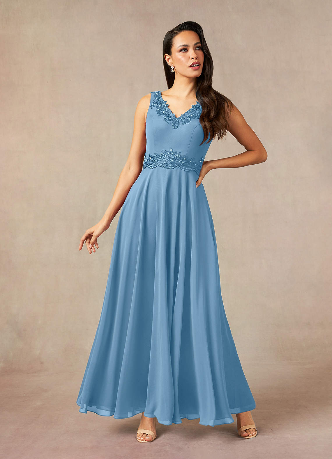Devana A-Line V-Neck Chiffon and Lace Mother of the Bride Dress in Steel Blue
