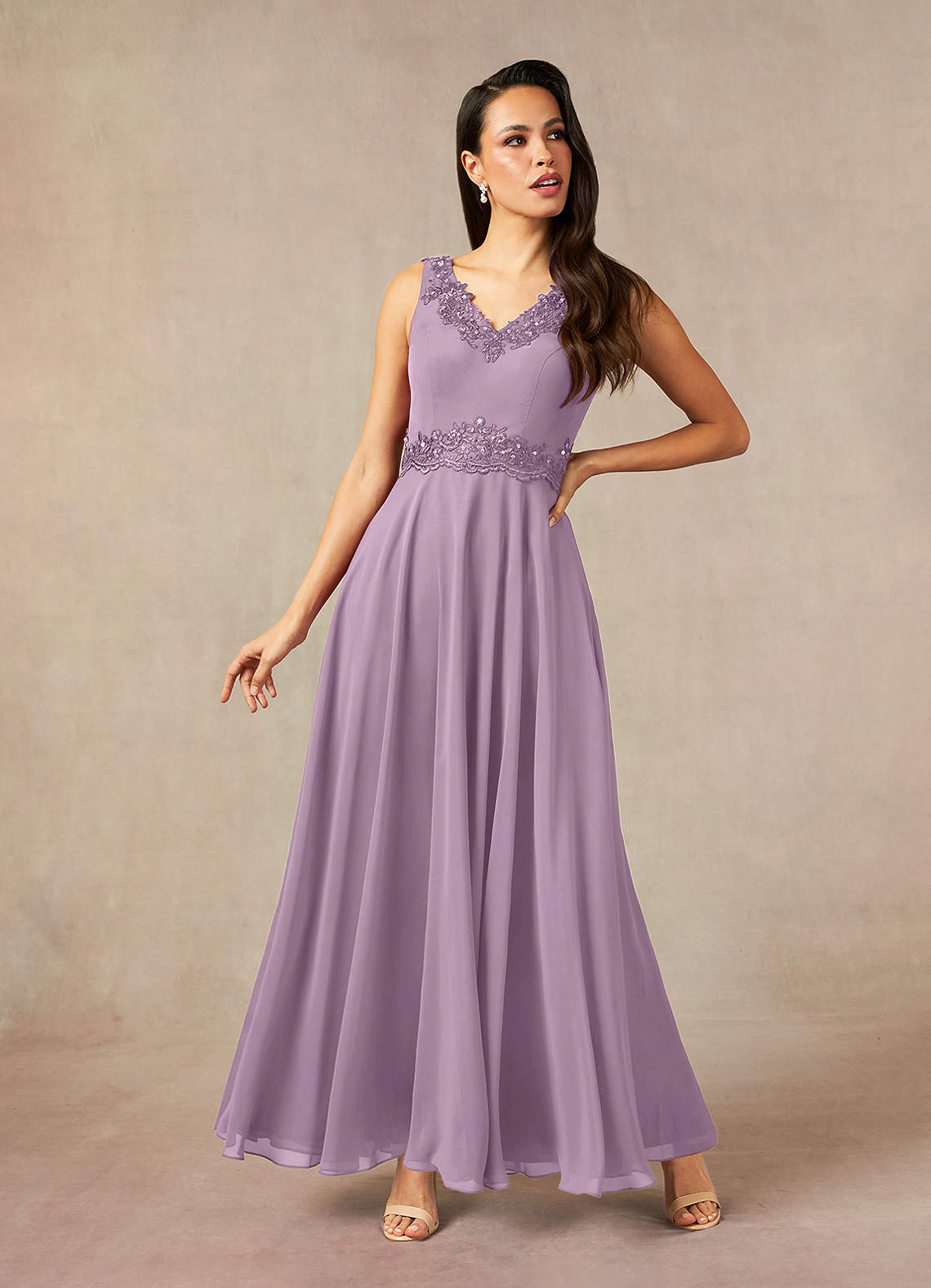 Devana A-Line V-Neck Chiffon and Lace Mother of the Bride Dress in Wisteria