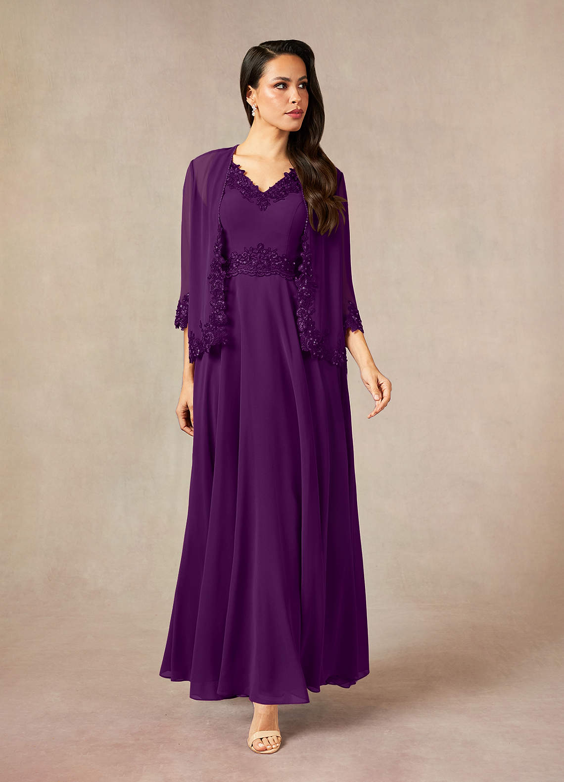 Devana A-Line V-Neck Chiffon and Lace Mother of the Bride Dress in Grape