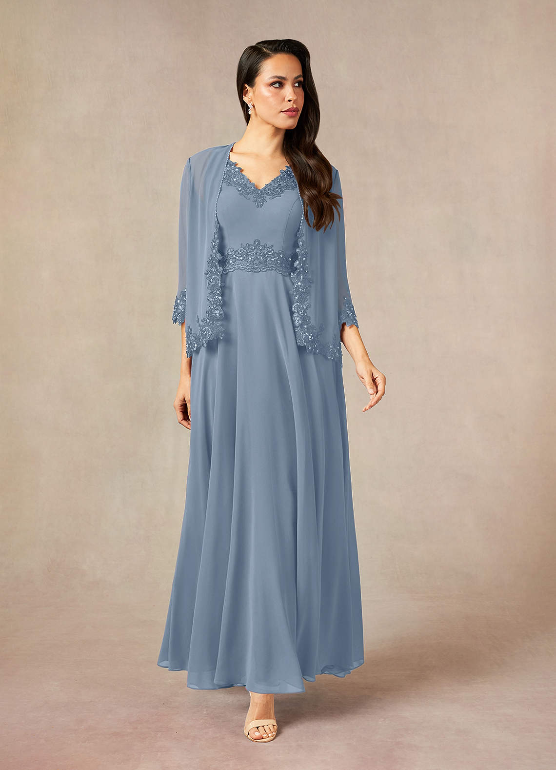 Devana A-Line V-Neck Chiffon and Lace Mother of the Bride Dress in dusty blue