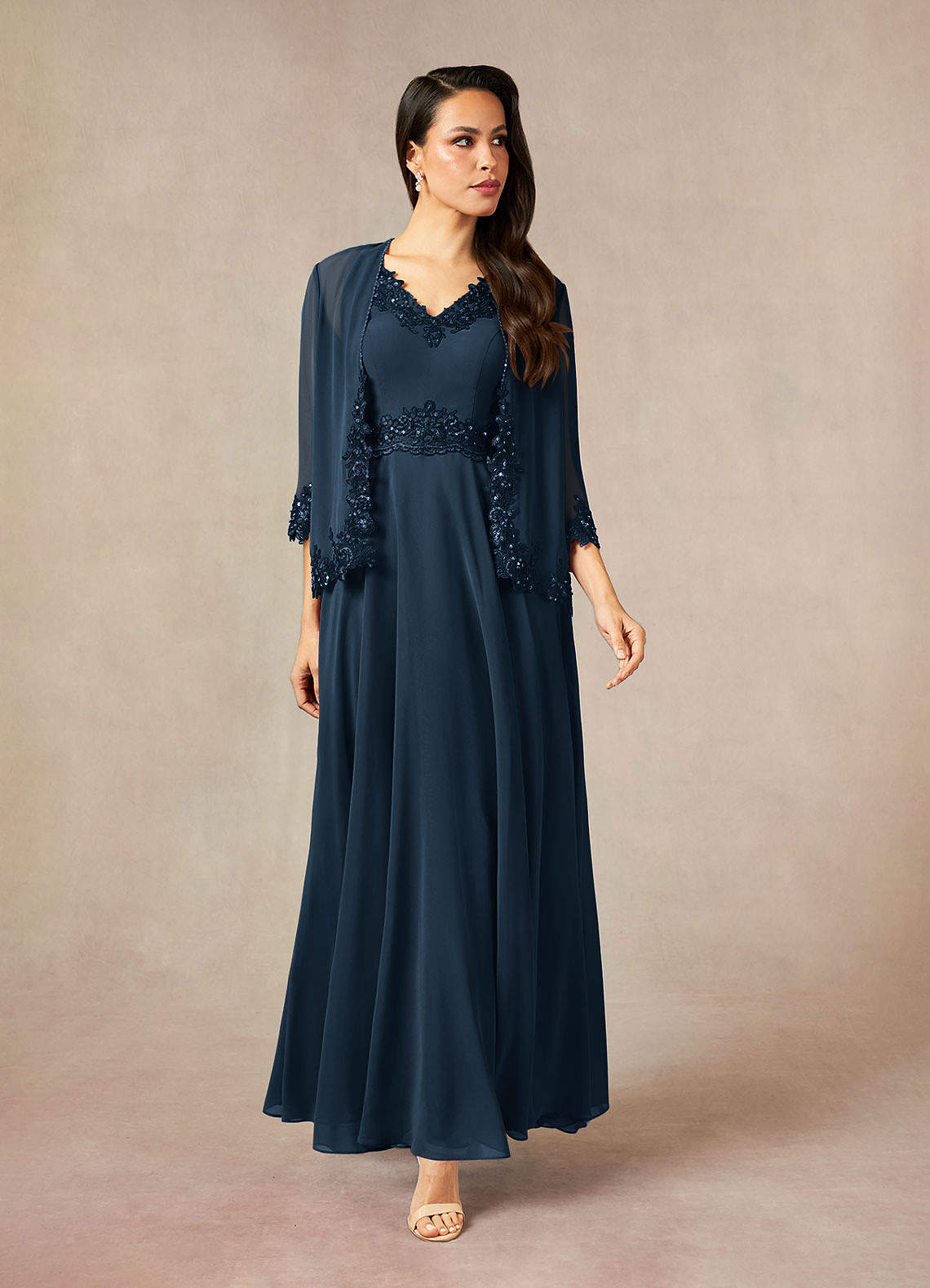 Devana A-Line V-Neck Chiffon and Lace Mother of the Bride Dress