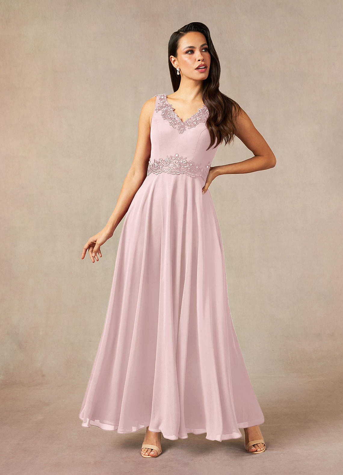 Devana A-Line V-Neck Chiffon and Lace Mother of the Bride Dress in Blushing Pink