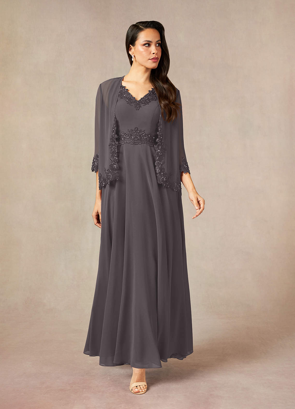Devana A-Line V-Neck Chiffon and Lace Mother of the Bride Dress in black